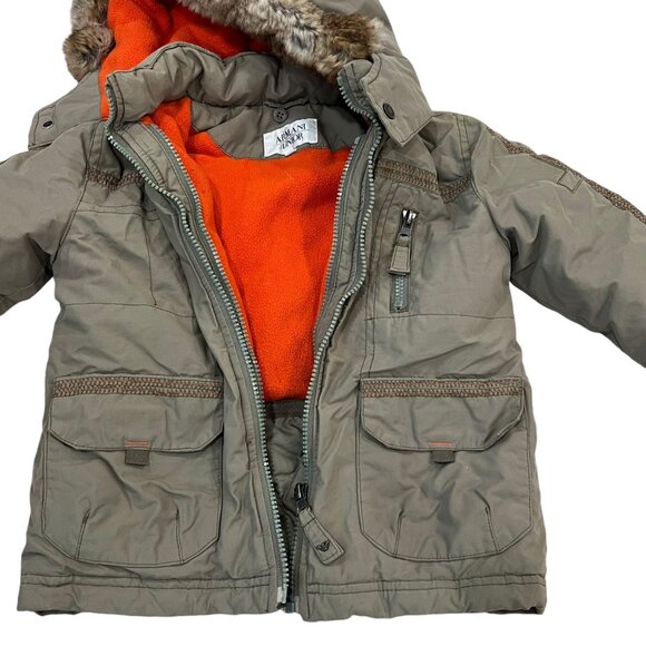 Armani Junior Toddler Boys Hooded Winter Coat 18M Faux Fur Trim Gray & Orange - Picture 9 of 10
